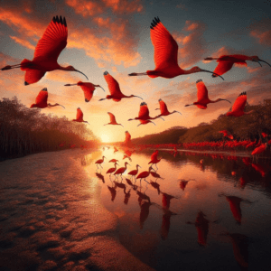 scarlet ibis in flight at sunset